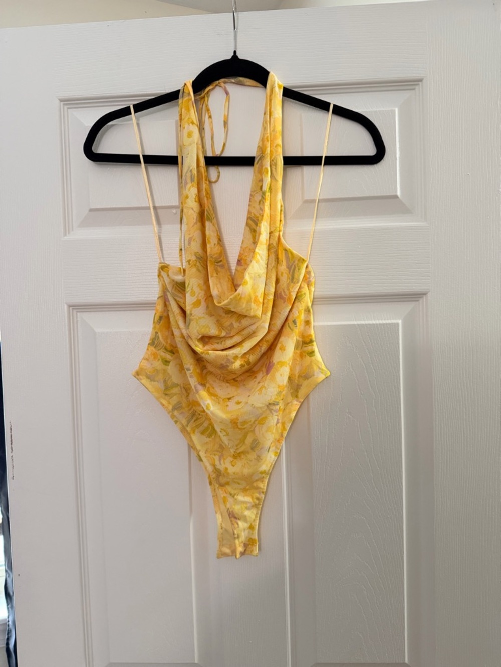 Zara Pale Yellow Cowl-neck Bodysuit with Floral Deign